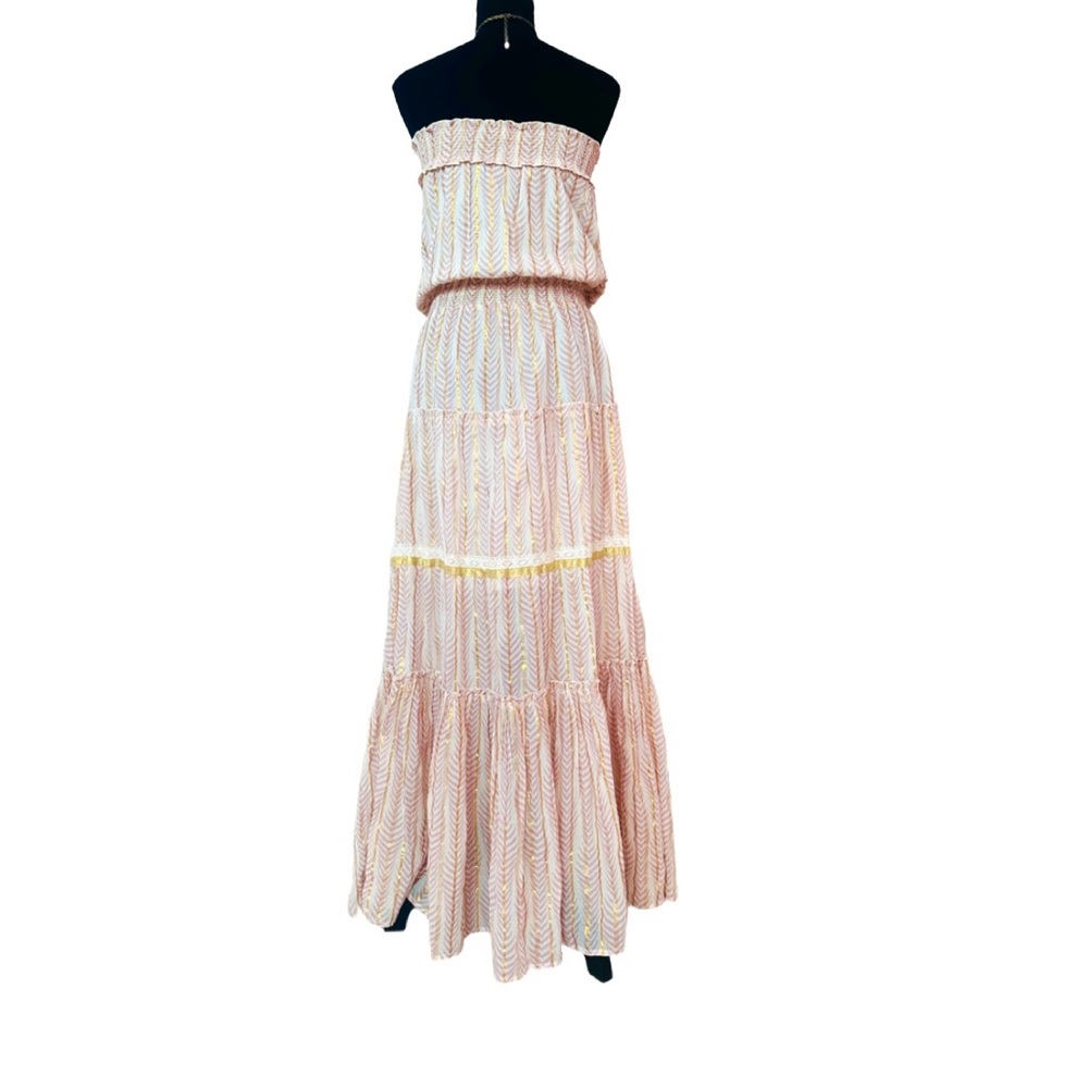 VENUS ~ Creams, Pinks, and Golds Embroidered Lace Glitter Tube Top Maxi Dress - Picture 10 of 11